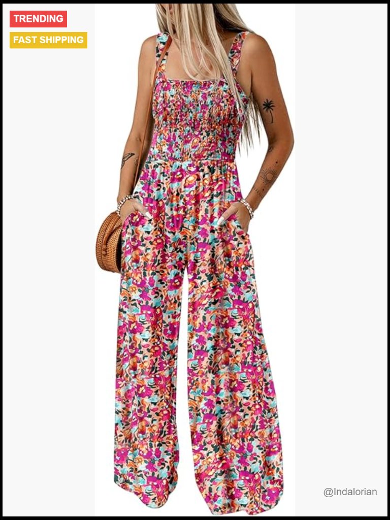 Casual Loose Overalls Jumpsuits One Piece Sleeveless Printed Wide Leg Long Pant